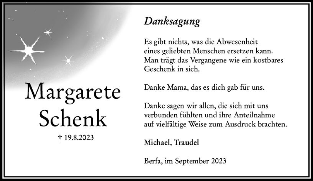  Traueranzeige für Margarete Schenk vom 30.09.2023 aus Oberhessen Kurier
