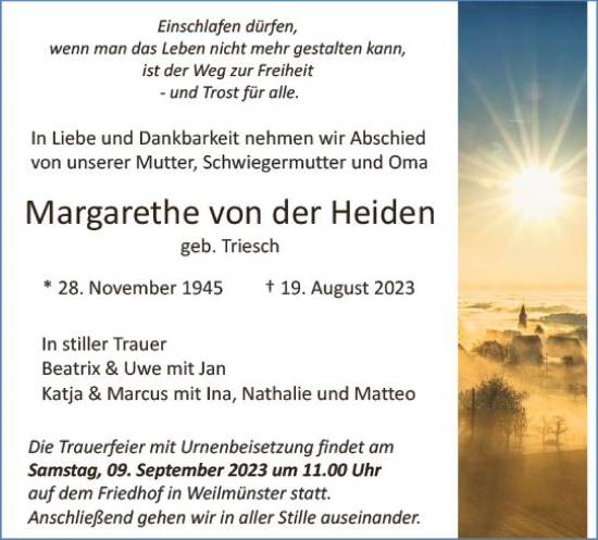Traueranzeige von Margarethe von der Heiden von Weilburger Tageblatt
