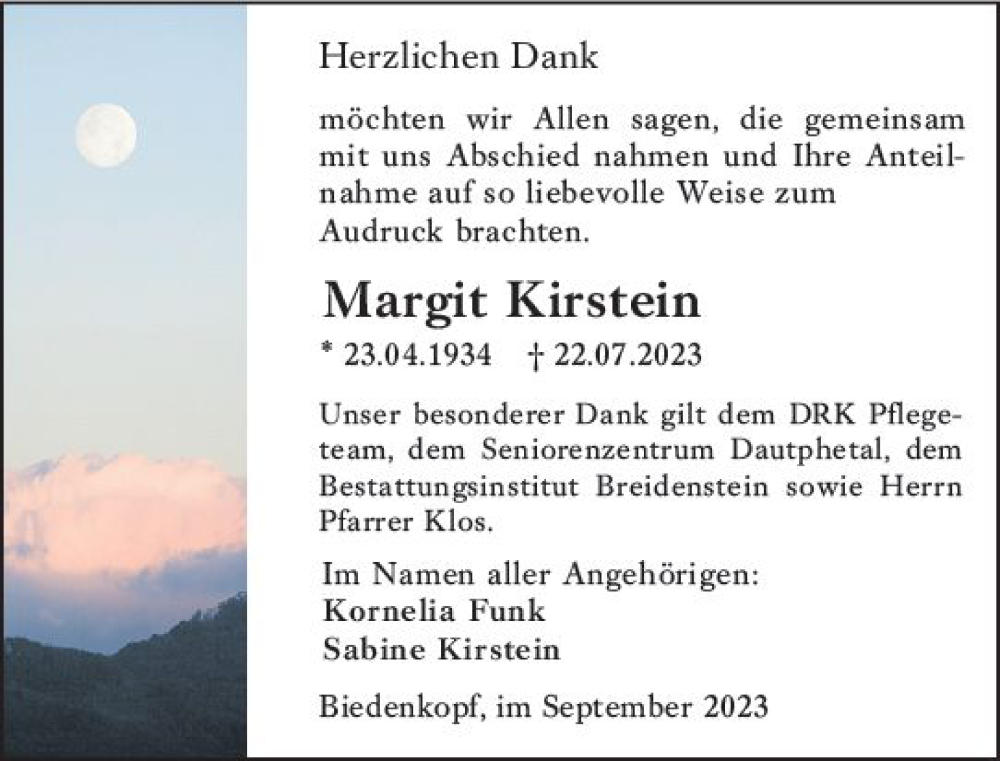  Traueranzeige für Margit Kirstein vom 15.09.2023 aus Hinterländer Anzeiger