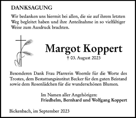 Traueranzeige von Margot Koppert von Darmstädter Echo