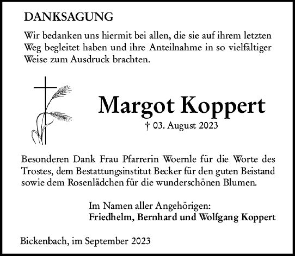  Traueranzeige für Margot Koppert vom 02.09.2023 aus Darmstädter Echo