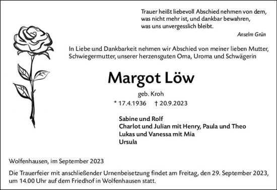 Traueranzeige von Margot Löw von Weilburger Tageblatt