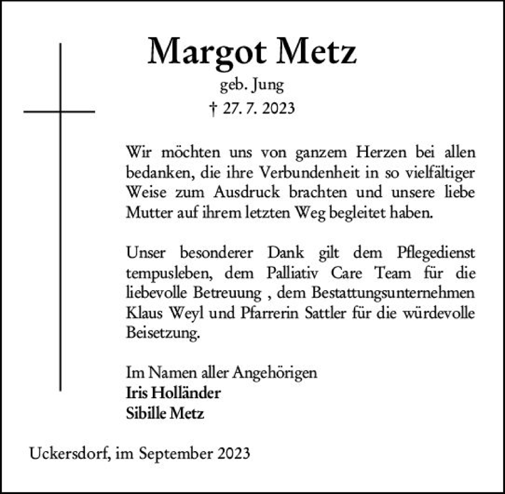  Traueranzeige für Margot Metz vom 02.09.2023 aus Dill Block
