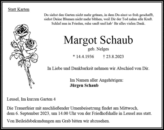 Traueranzeige von Margot Schaub von VRM Trauer