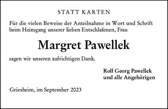 Traueranzeige von Margret Pawellek von Darmstädter Echo