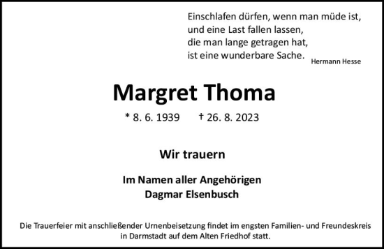 Traueranzeige von Margret Thoma von Darmstädter Echo
