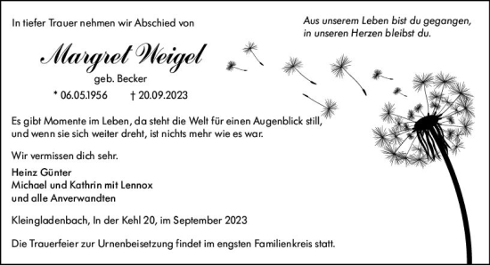 Traueranzeige von Margret Weigel von Hinterländer Anzeiger