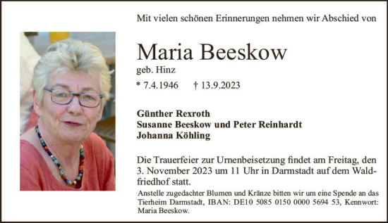 Traueranzeige von Maria Beeskow von Darmstädter Echo