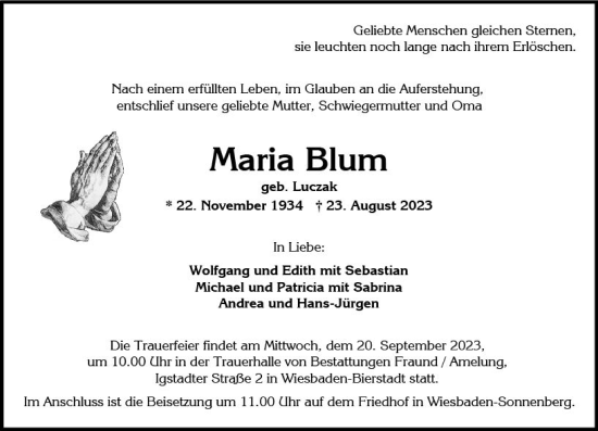 Traueranzeige von Maria Blum von Wiesbadener Kurier
