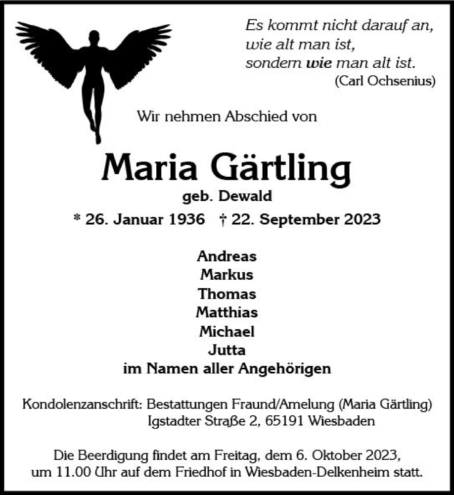  Traueranzeige für Maria Gärtling vom 30.09.2023 aus Wiesbadener Kurier