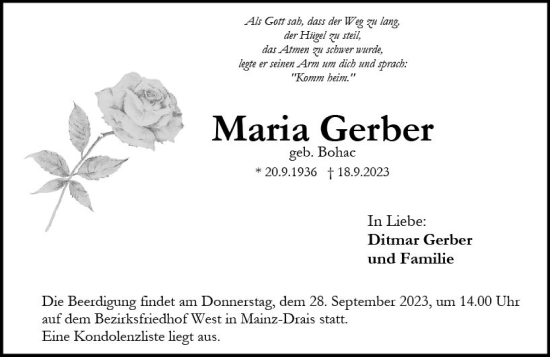 Traueranzeige von Maria Gerber von Allgemeine Zeitung Mainz