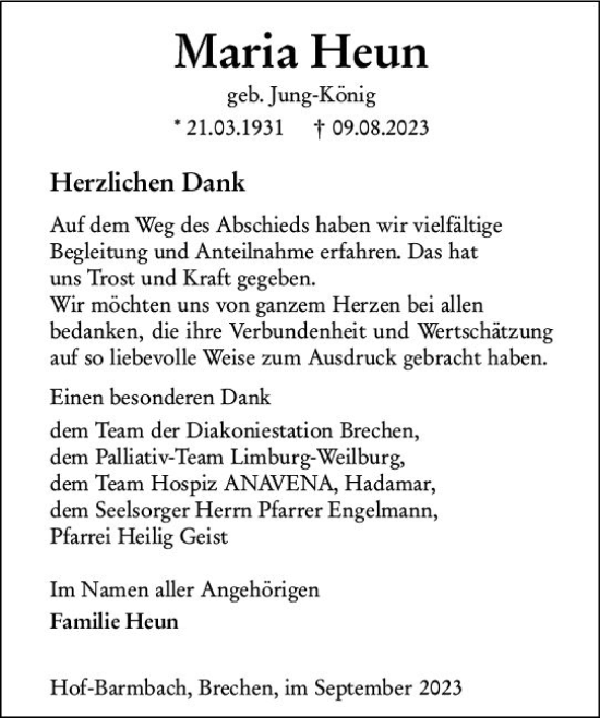 Traueranzeige von Maria Heun von Camberger Anzeiger