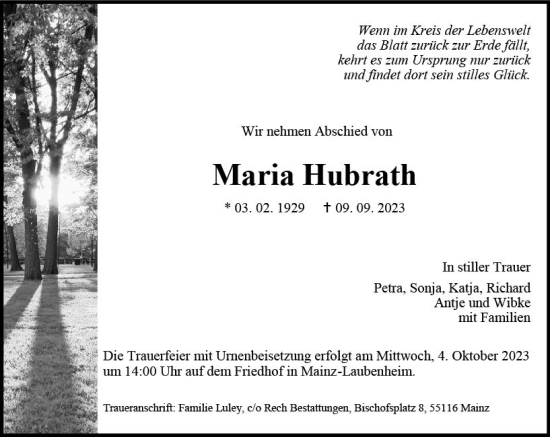 Traueranzeige von Maria Hubrath von Allgemeine Zeitung Mainz
