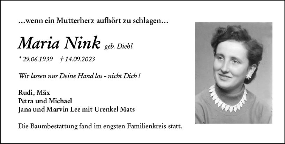  Traueranzeige für Maria Nink vom 28.09.2023 aus Camberger Anzeiger
