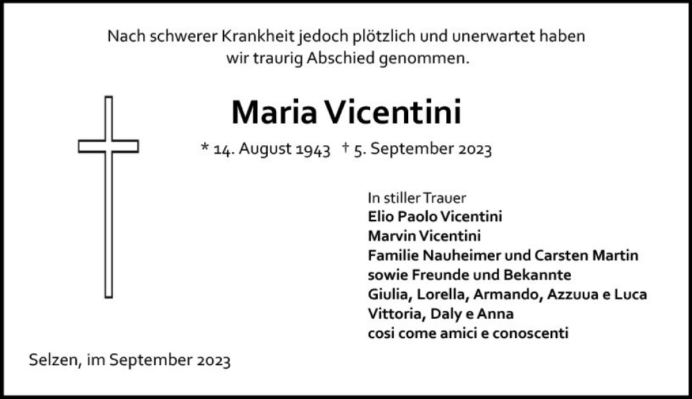  Traueranzeige für Maria Vicentini vom 30.09.2023 aus Allgemeine Zeitung Mainz