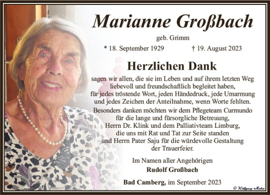 Traueranzeige von Marianne Großbach von Camberger Anzeiger
