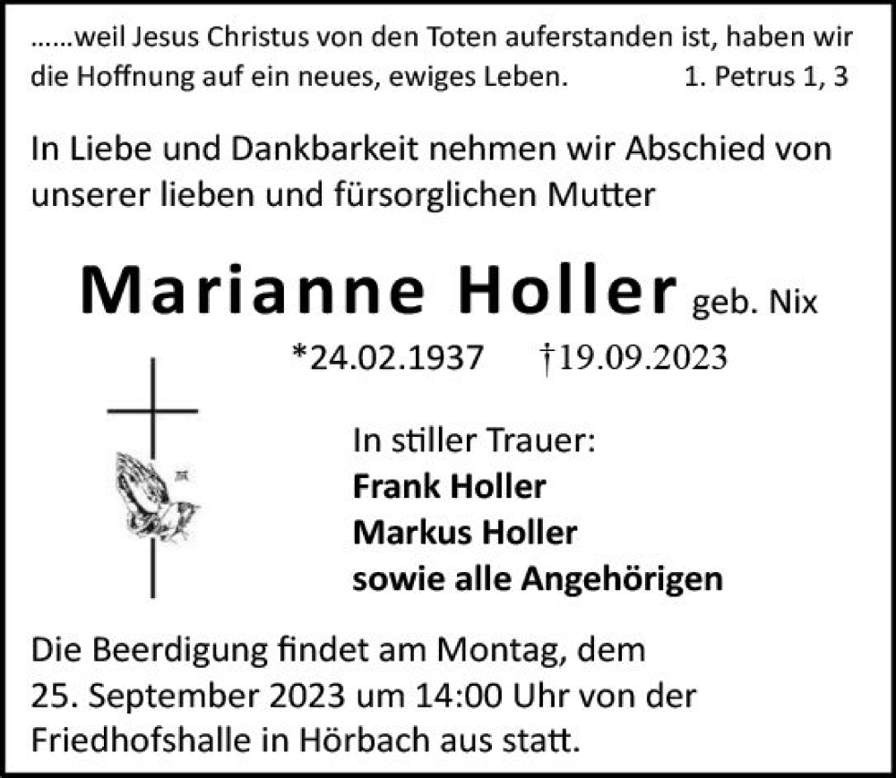  Traueranzeige für Marianne Holler vom 22.09.2023 aus Dill Block