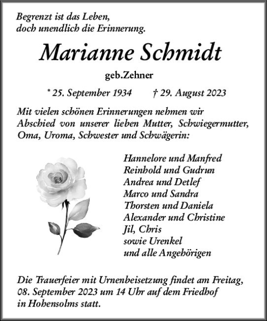 Traueranzeige von Marianne Schmidt von Wetzlarer Neue Zeitung