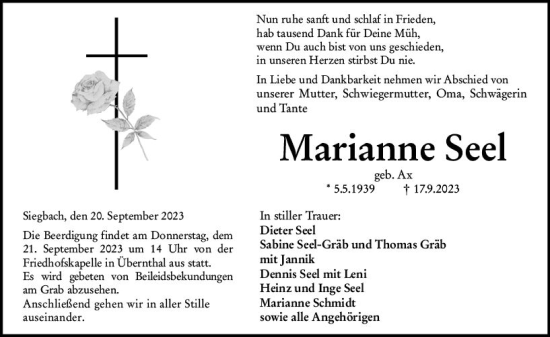 Traueranzeige von Marianne Seel von Dill Block