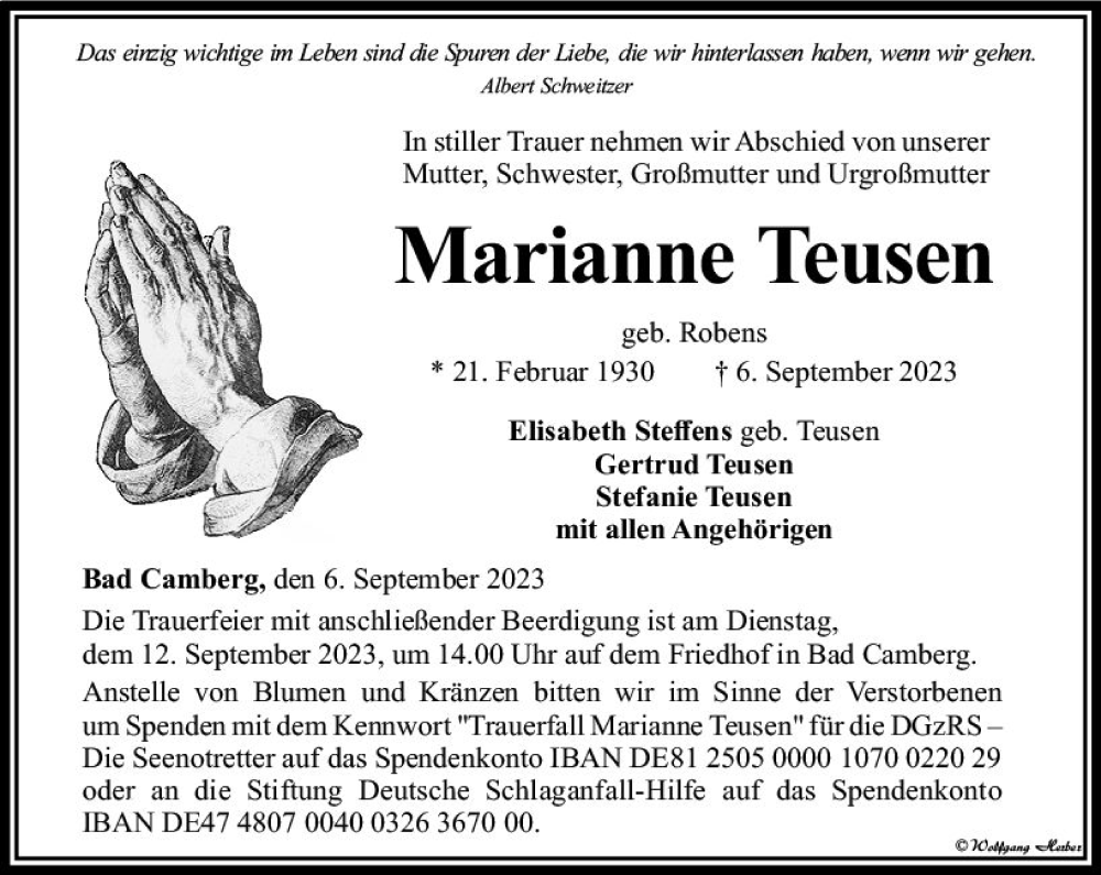  Traueranzeige für Marianne Teusen vom 09.09.2023 aus Nassauische Neue Presse