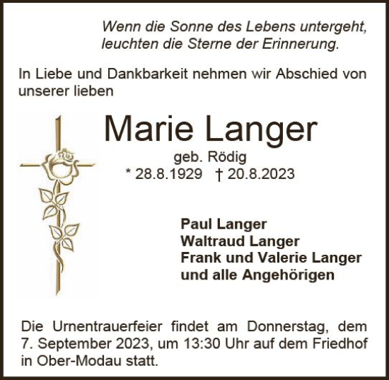 Traueranzeige von Marie Langer von Darmstädter Echo
