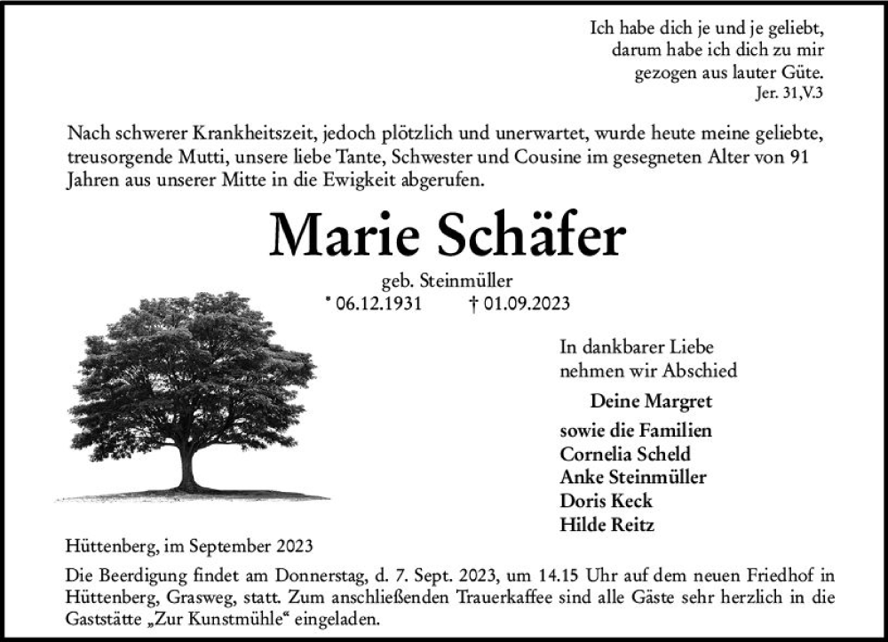  Traueranzeige für Marie Schäfer vom 05.09.2023 aus Wetzlarer Neue Zeitung
