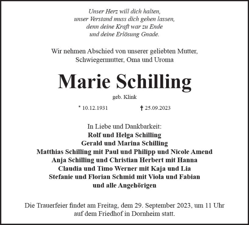  Traueranzeige für Marie Schilling vom 28.09.2023 aus Groß-Gerauer Echo