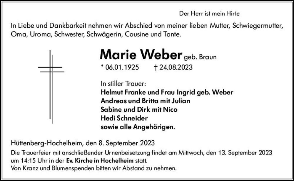  Traueranzeige für Marie Weber vom 08.09.2023 aus Wetzlarer Neue Zeitung