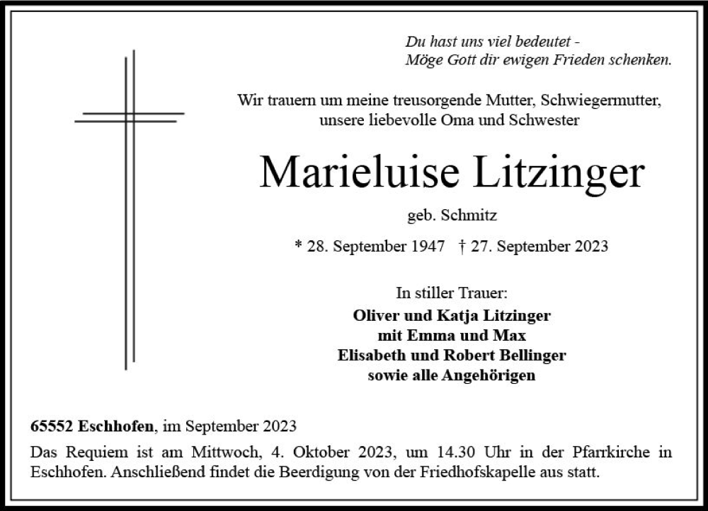  Traueranzeige für Marieluise Litzinger vom 30.09.2023 aus Nassauische Neue Presse