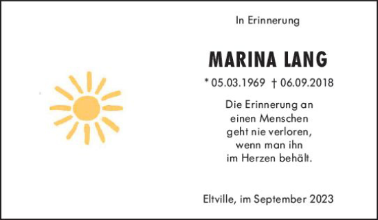 Traueranzeige von Marina Lang von Rheingau Kurier