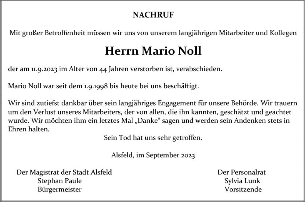 Traueranzeige für Mario Noll vom 23.09.2023 aus VRM Trauer