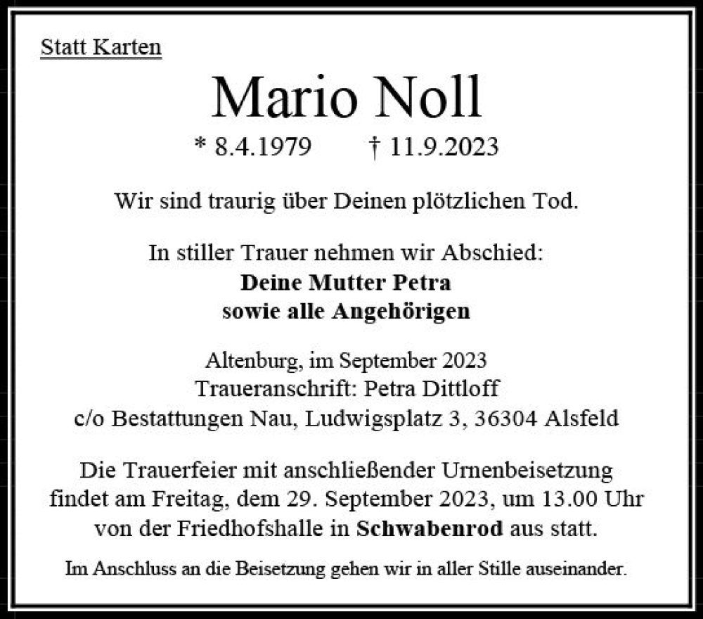  Traueranzeige für Mario Noll vom 23.09.2023 aus VRM Trauer