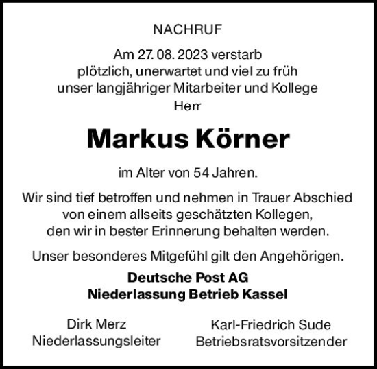 Traueranzeige von Markus Körner von VRM Trauer