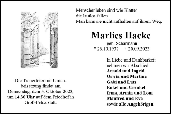 Traueranzeige von Marlies Hacke von Oberhessen Kurier