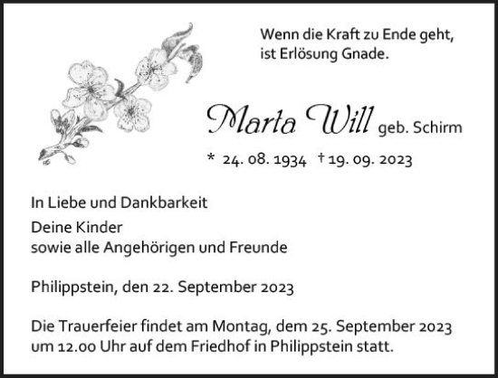 Traueranzeige von Marta Will von Wetzlarer Neue Zeitung