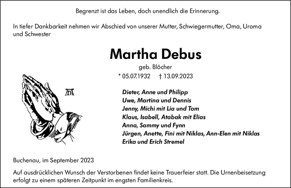  Traueranzeige für Martha Debus vom 19.09.2023 aus Hinterländer Anzeiger