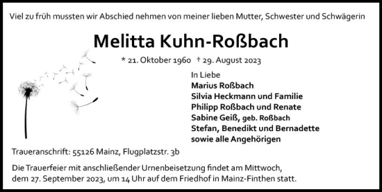 Traueranzeige von Melitta Kuhn-Roßbach von Allgemeine Zeitung Mainz