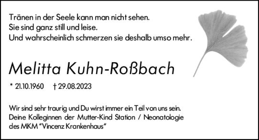  Traueranzeige für Melitta Kuhn-Roßbach vom 09.09.2023 aus Allgemeine Zeitung Mainz