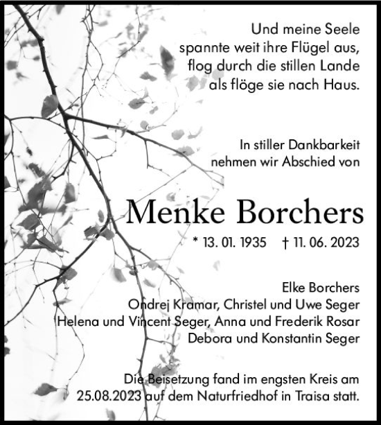 Traueranzeige von Menke Borchers von Darmstädter Echo