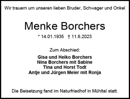 Traueranzeige von Menke Borchers von Darmstädter Echo