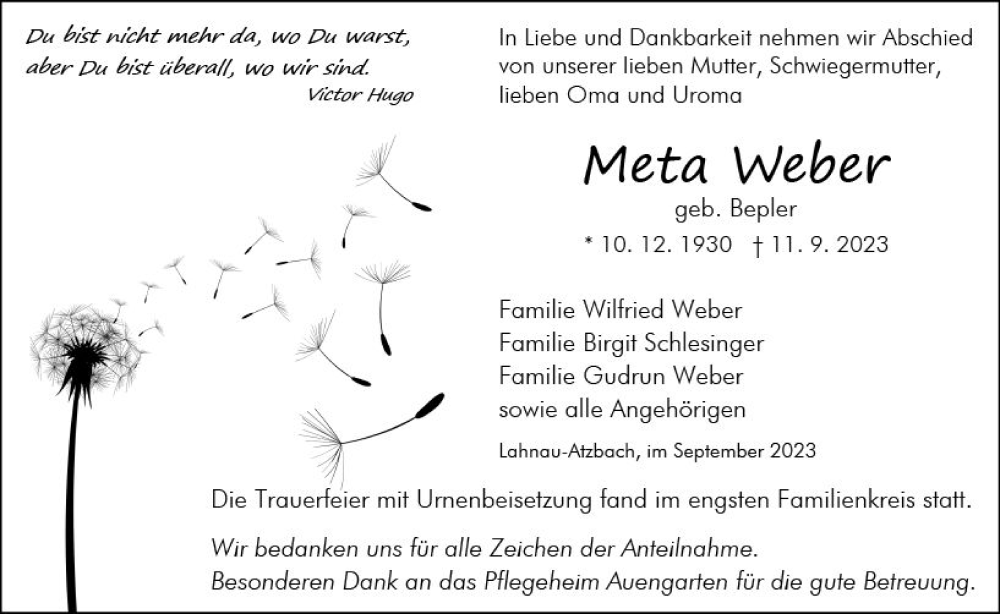  Traueranzeige für Meta Weber vom 23.09.2023 aus Wetzlarer Neue Zeitung