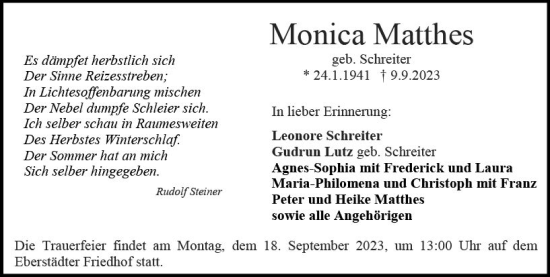 Traueranzeige von Monica Matthes von Darmstädter Echo