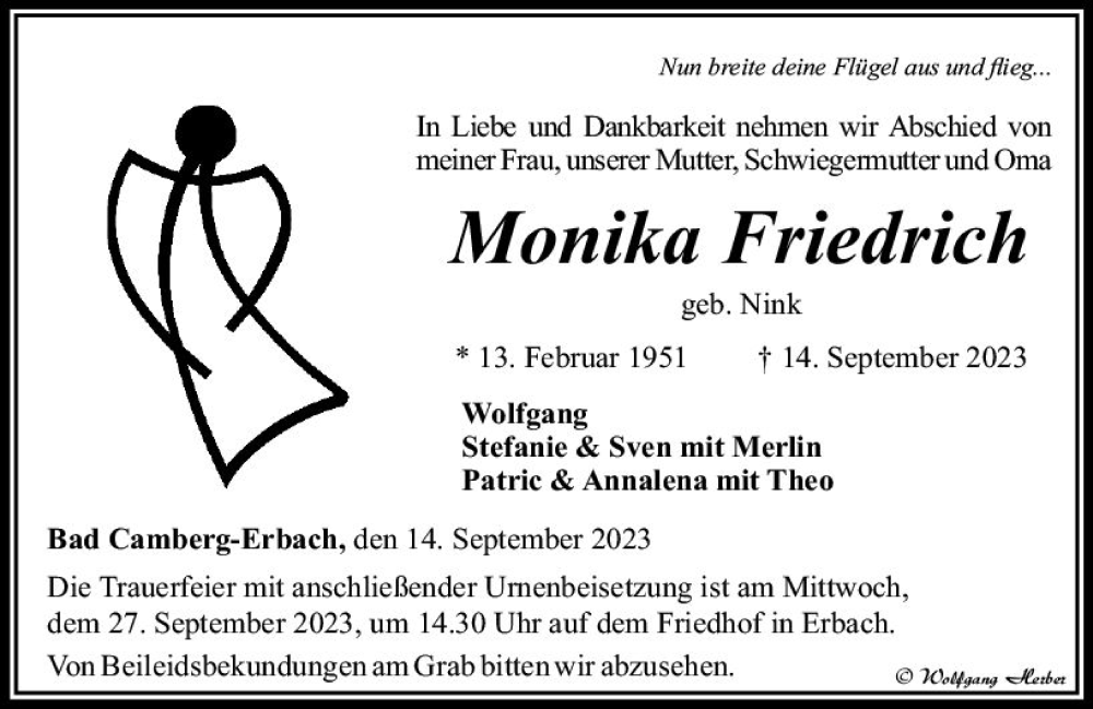  Traueranzeige für Monika Friedrich vom 21.09.2023 aus Camberger Anzeiger