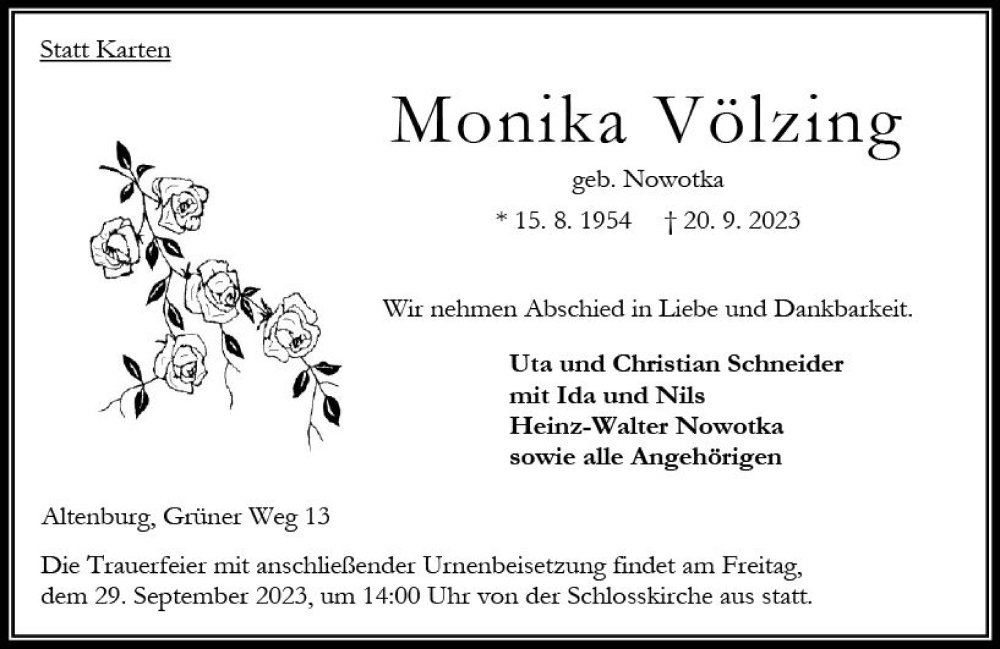  Traueranzeige für Monika Völzing vom 23.09.2023 aus VRM Trauer