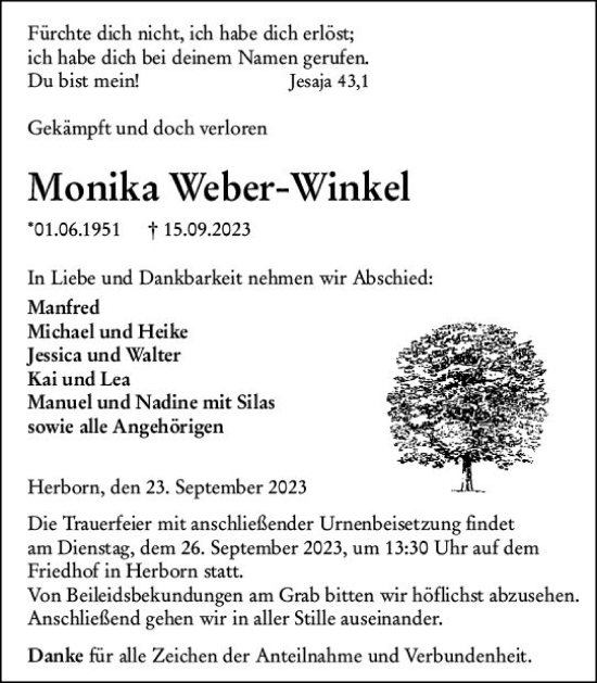 Traueranzeige von Monika Weber-Winkel von Dill Block