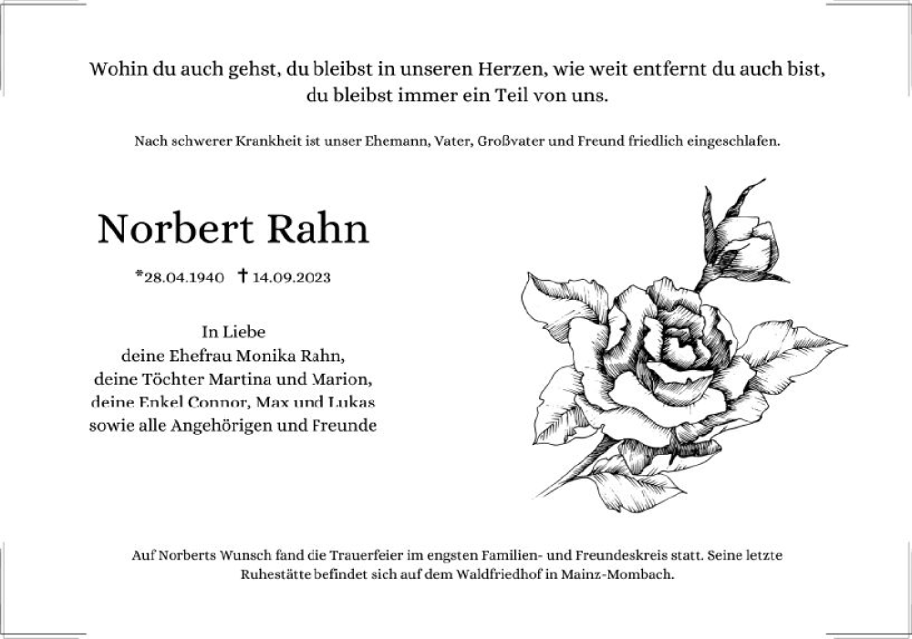  Traueranzeige für Norbert Rahn vom 30.09.2023 aus Allgemeine Zeitung Bingen/Ingelheim
