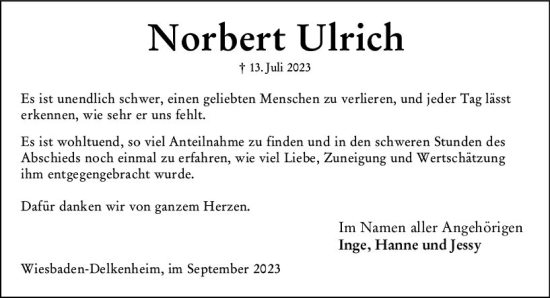 Traueranzeige von Norbert Ulrich von Wiesbadener Kurier