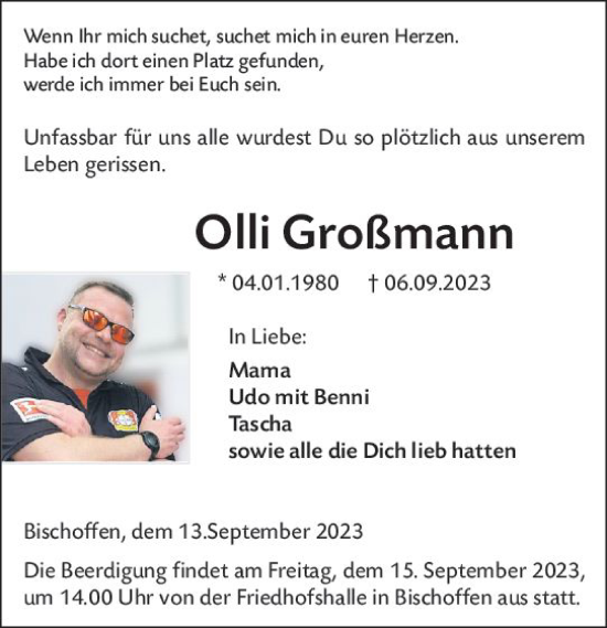 Traueranzeige von Olli Großmann von Dill Block