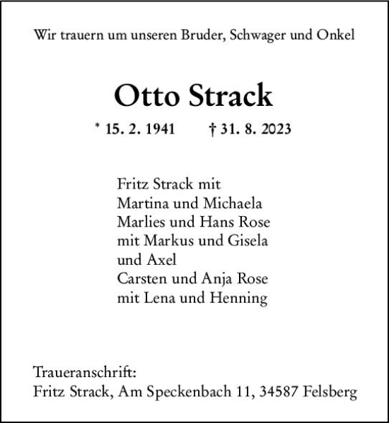 Traueranzeige von Otto Strack von Wetzlarer Neue Zeitung