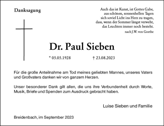 Traueranzeige von Paul Sieben von Hinterländer Anzeiger